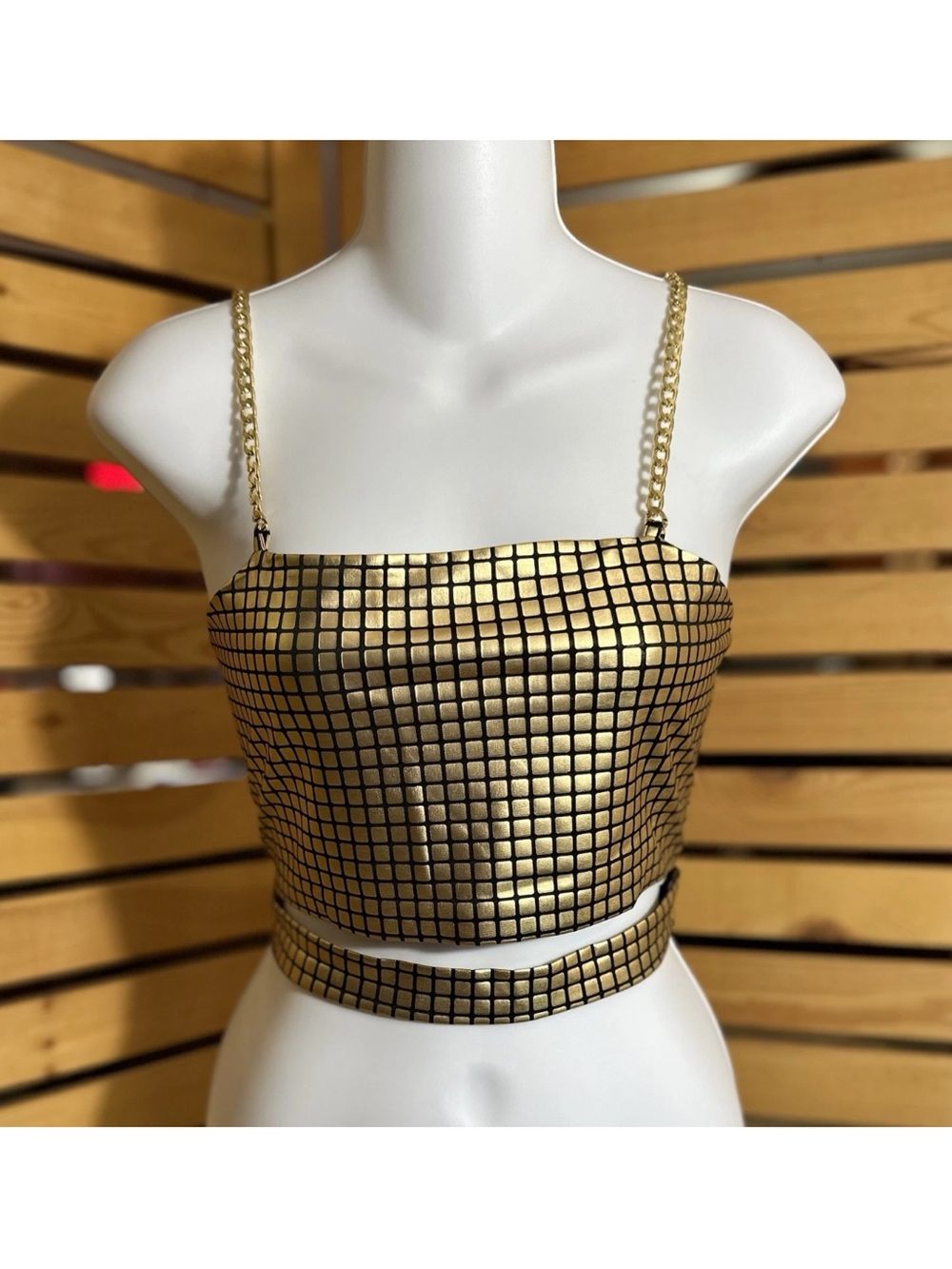 SHEIN Gold Metallic Grid Crop Top with Chain Straps